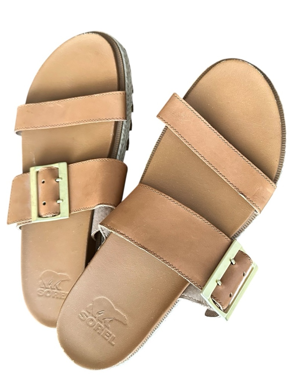 SOREL ROAMING BUCKLE SLIDE BROWN Leather Chunky Summer Sandals 9